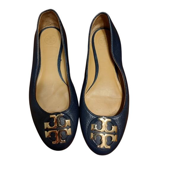 TORY BURCH Reva Navy Blue Leather Ballet Flats Size 5 Medallion EUC - Picture 1 of 6
